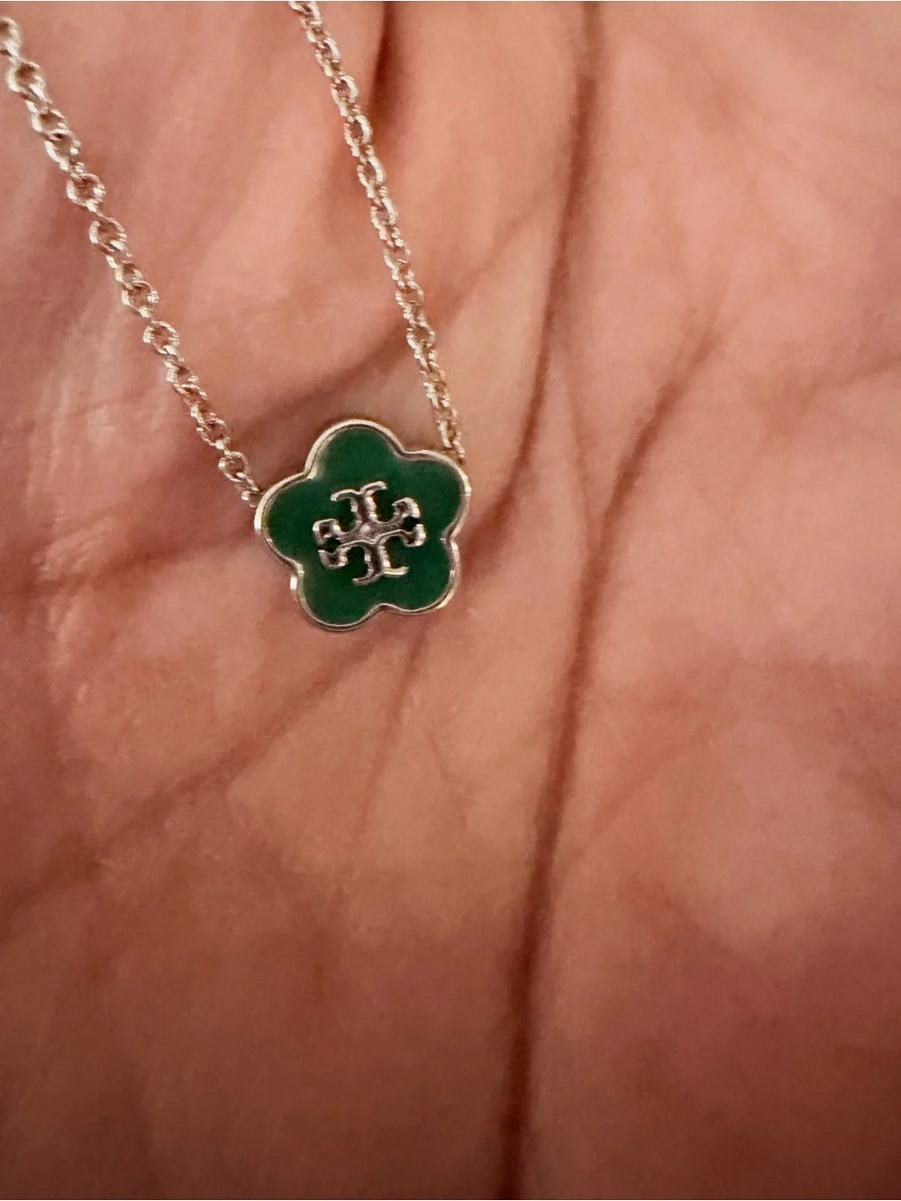 Tory Burch Green Clover Logo Pendant Necklace with Silver Chain 16-18 inches